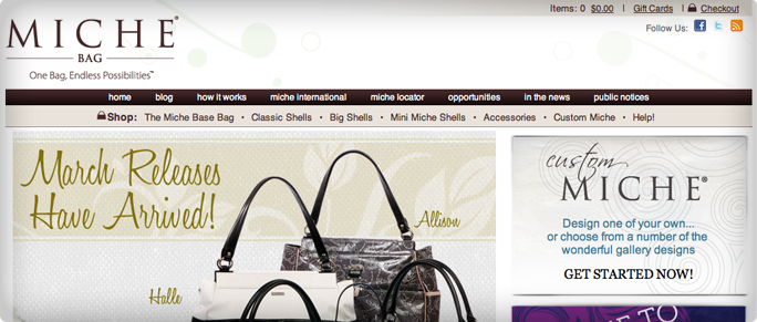Original Spyderwise custom web design work for Miche Bag