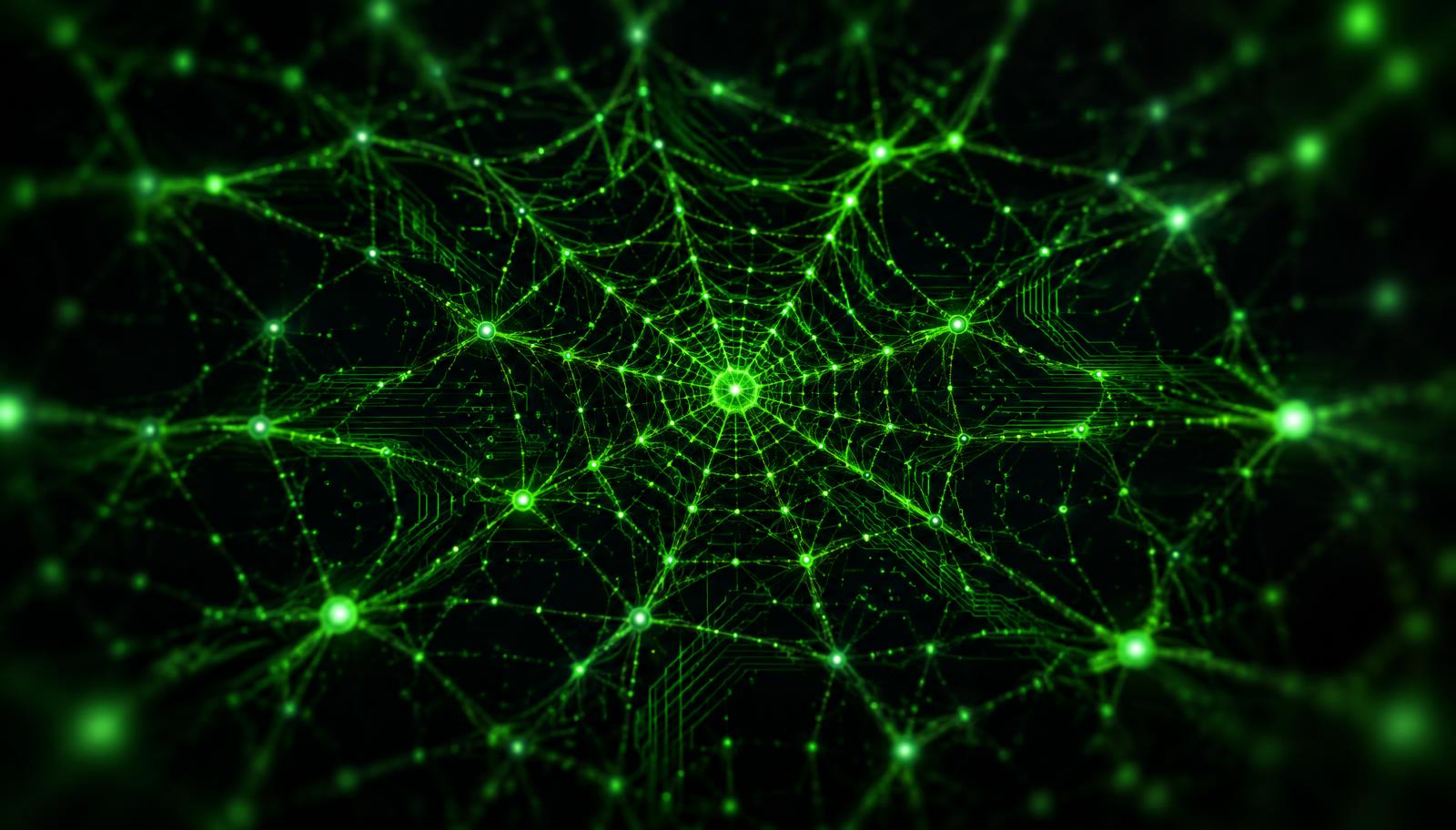 Glowing green web of connected nodes representing Spyderwise AI web design